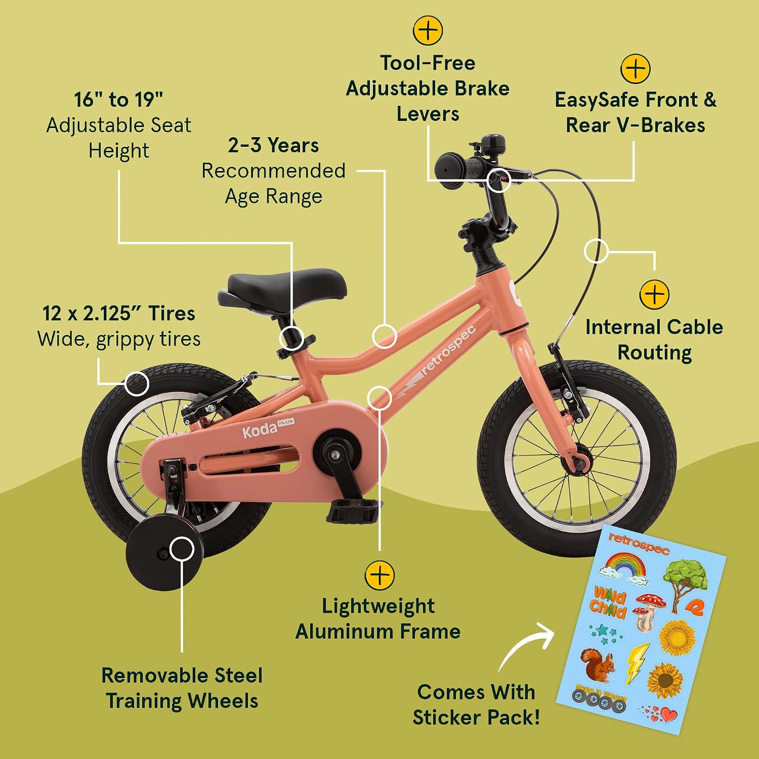 Retrospec Koda Plus Kids Bike for Boys & Girls Ages 2-3 Years - Children's Bicycle, Adjustable Seat & Handlebars, Removable Training Wheels, Front Hand Brakes, Rear Coaster Brake & Safety Bell