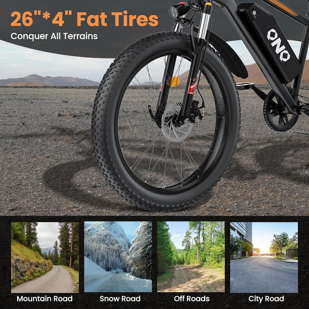Fat Tire Electric Mountain Bike 1500W Peak, 48V 15Ah Removable Battery,20MPH Speed & 60 Miles Range Electric Bicycles, 26' All Terrain Off Road E-Bike for Adults w/ Lockable Suspension & 7 Speed Gears