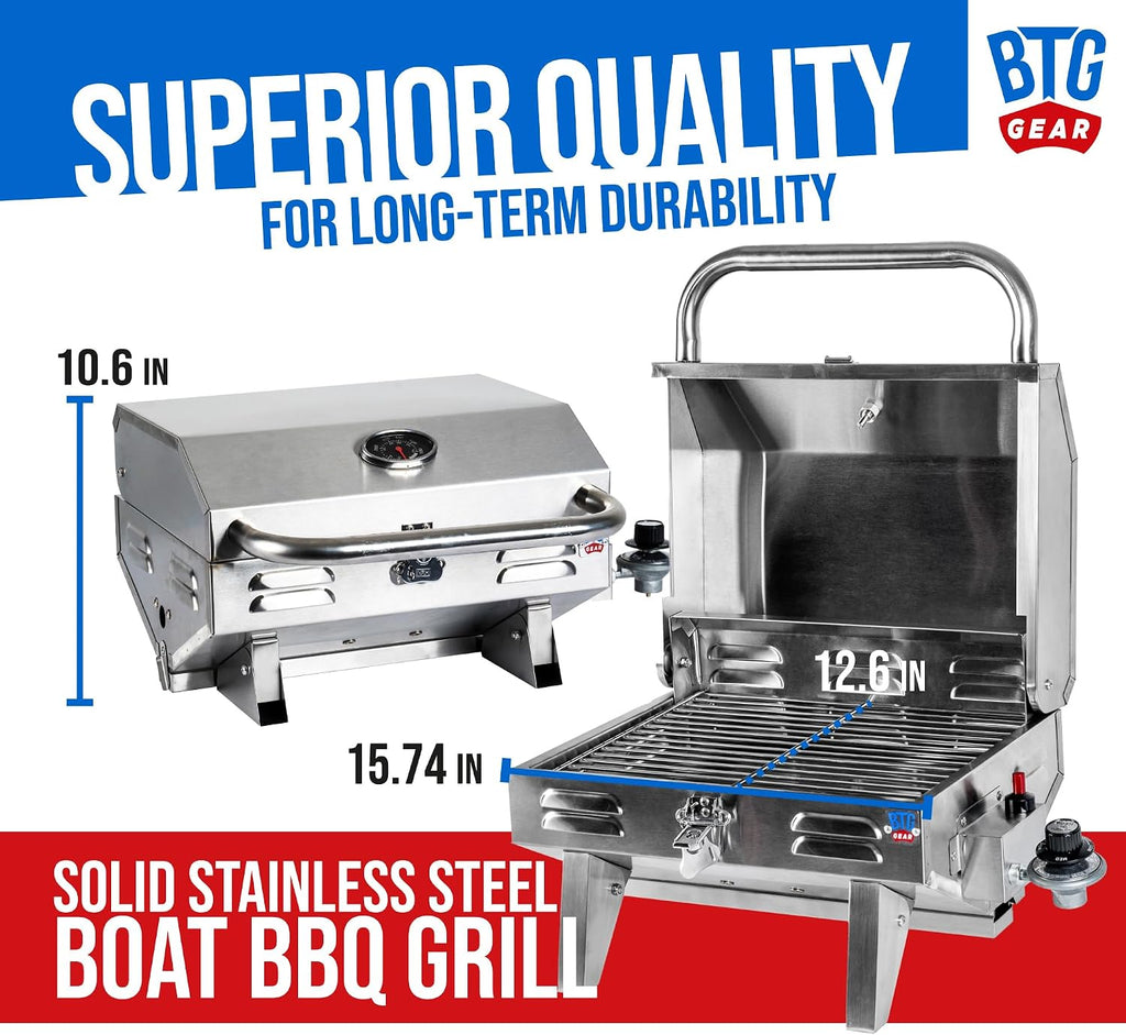 Tailwaves Marine Boat Grill w/Rod Holder Mount | Stainless Steel | Propane Boats & Tailgating & Camping | Built in Thermometer | Portable | Fold-away legs