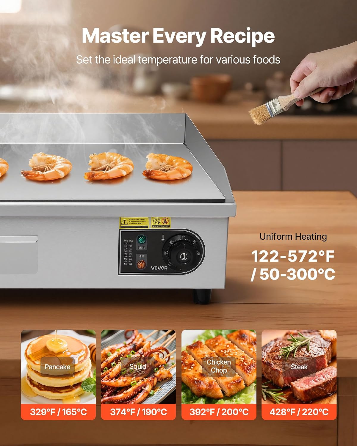 VEVOR Commercial Electric Griddle, 28.54 x 15.75 in, 2800W, 122-570°F Adjustable Temp Control, Stainless Steel, Half Grooved Half Flat, with 2 Spatulas, 2 Brushes, and 4 Foot Pads, for Steak(NO PLUG)