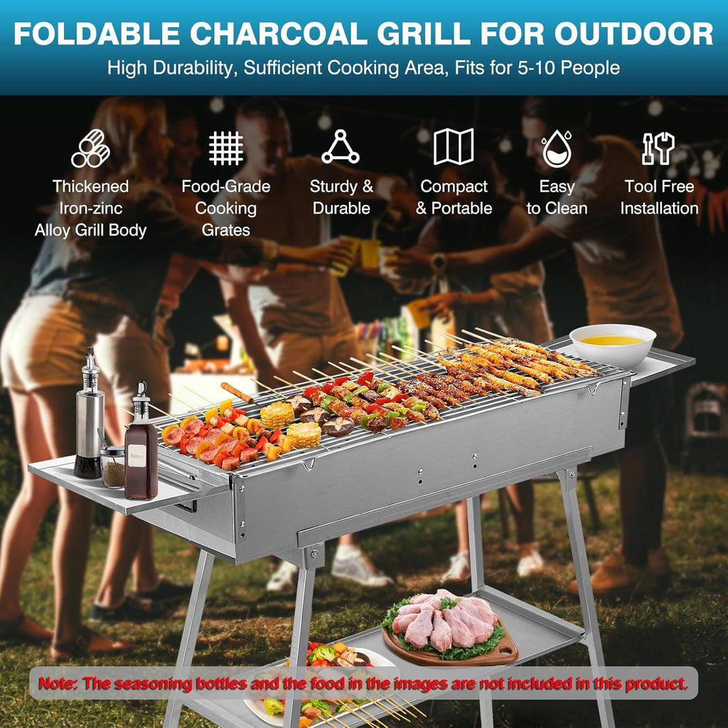 IRONWALLS Portable Charcoal Grill Outdoor Cooking, 32'L x 10'W Folded Camping Barbecue Grill with Storage Shelf, Metal Kebab Skewers, Rectangular Lamb Skewer Grill for Backyard Party Picnic Travel