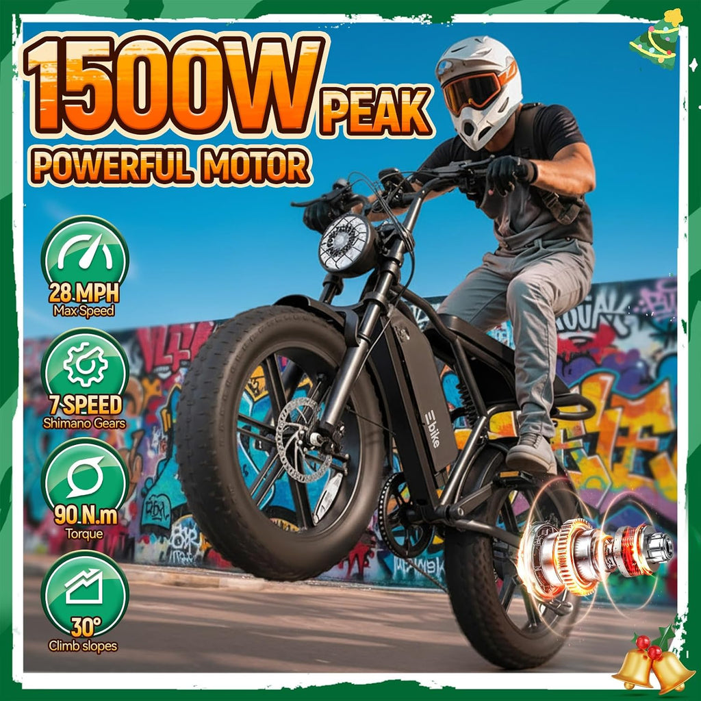 TST Electric Bike for Adults, 1500W Peak Motor 60/100 Miles Fat Tire Ebike with 48V 15Ah/25Ah Removable Battery 20' Fat Tire Electric Dirt Bike Full Suspension and 7-Speed