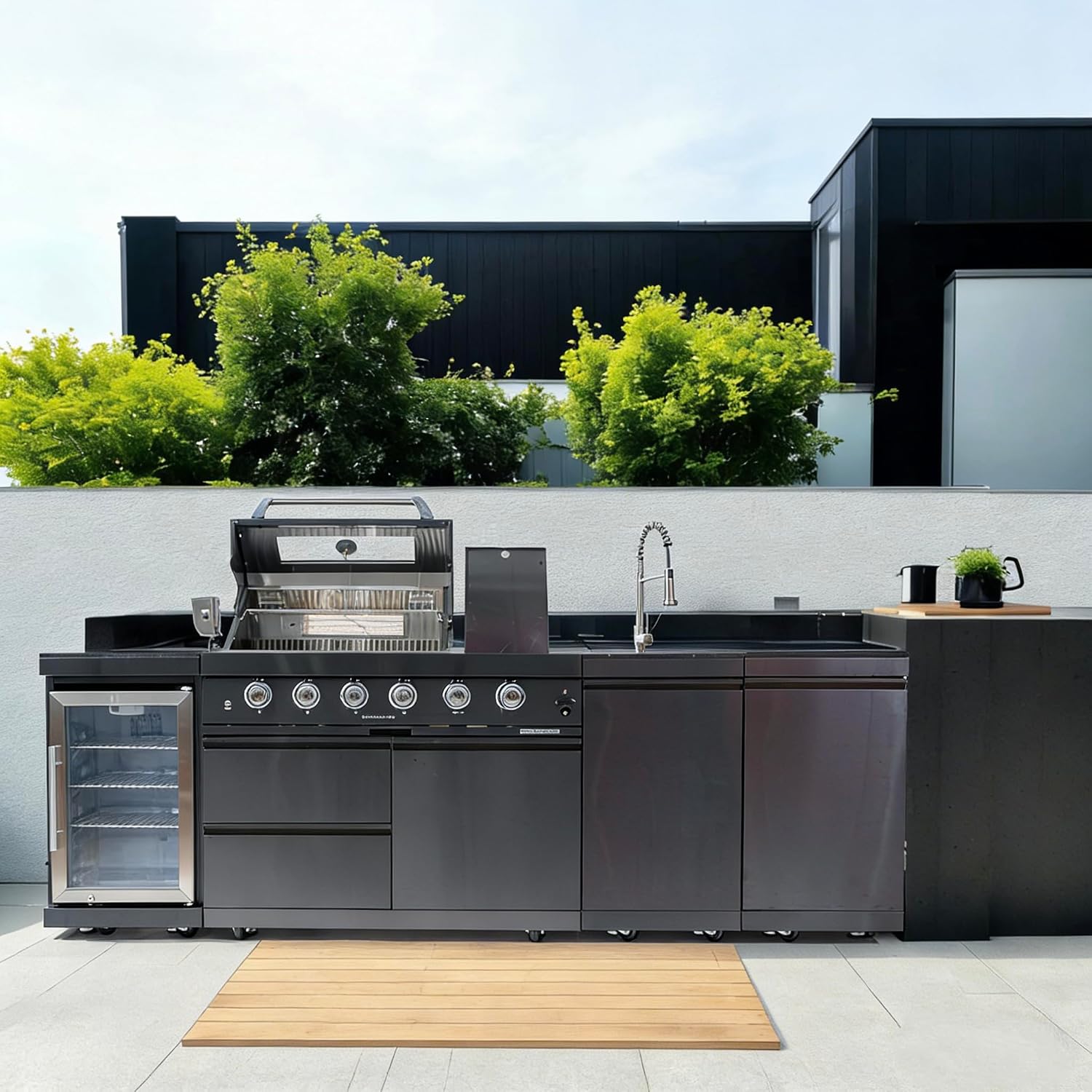 104' Stainless Steel Outdoor Kitchen Island Grill, 4-Burner 72000 BTU, Wine Cooler Refrigerator, Rotisserie Kit, Granite Countertops, Sink, Glide Wheels, For Backyard BBQ, Black