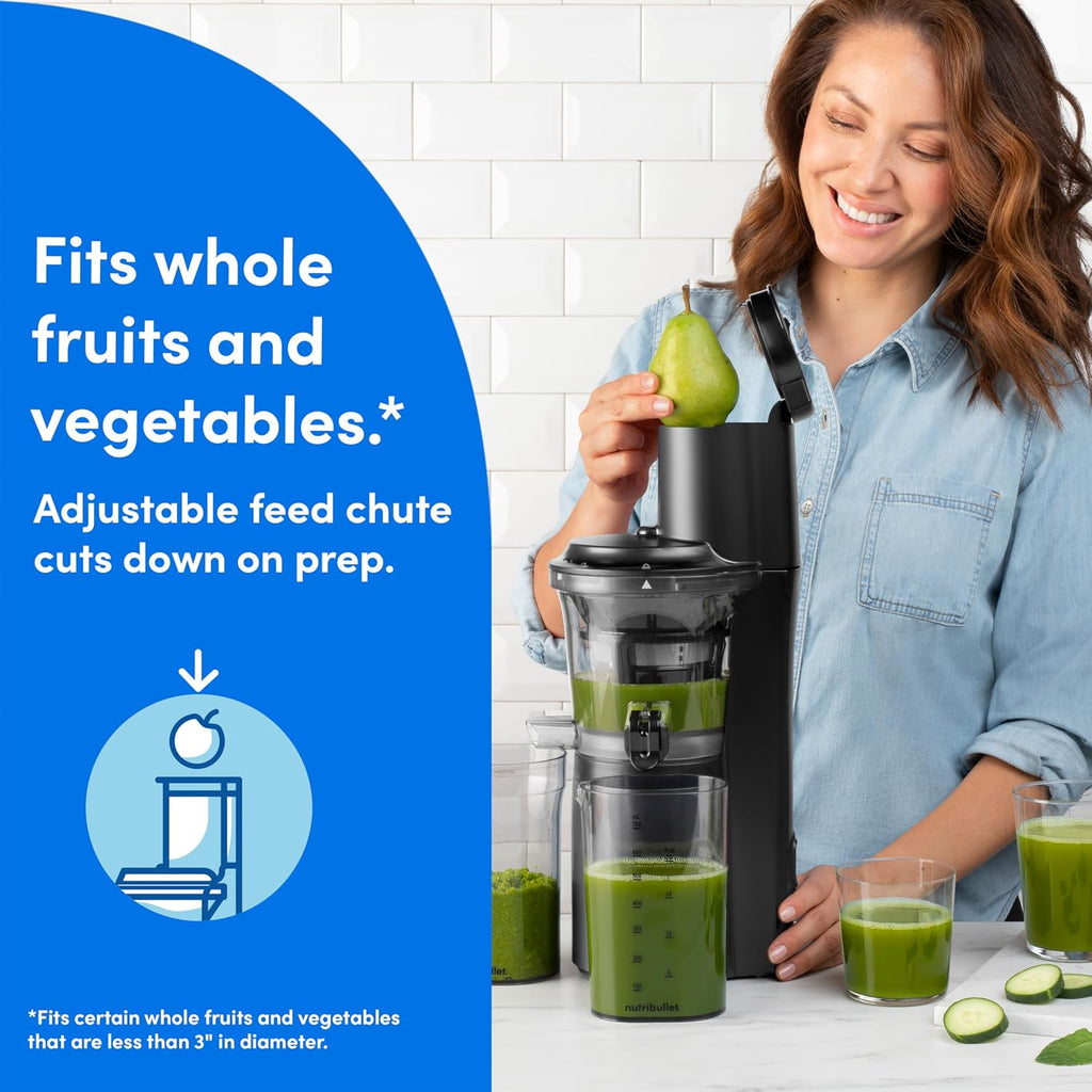 nutribullet Slow Juicer, Slow Masticating Juicer Machine, Easy to Clean, Quiet Motor & Reverse Function, BPA-Free, Cold Press Juicer with Brush, 150 Watts, Charcoal Black, NBJ50300, 24-oz