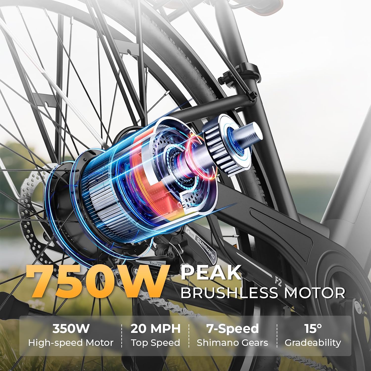 WINDHORSE 26' Electric Bike for Adults 20MPH & 30-50 Miles Range, Shimano 7-Speed, 468WH Removable Battery Commuter Ebike with 750W Peak Motor, Front Suspension, Rear Rack, Fenders, UL2849 Certified