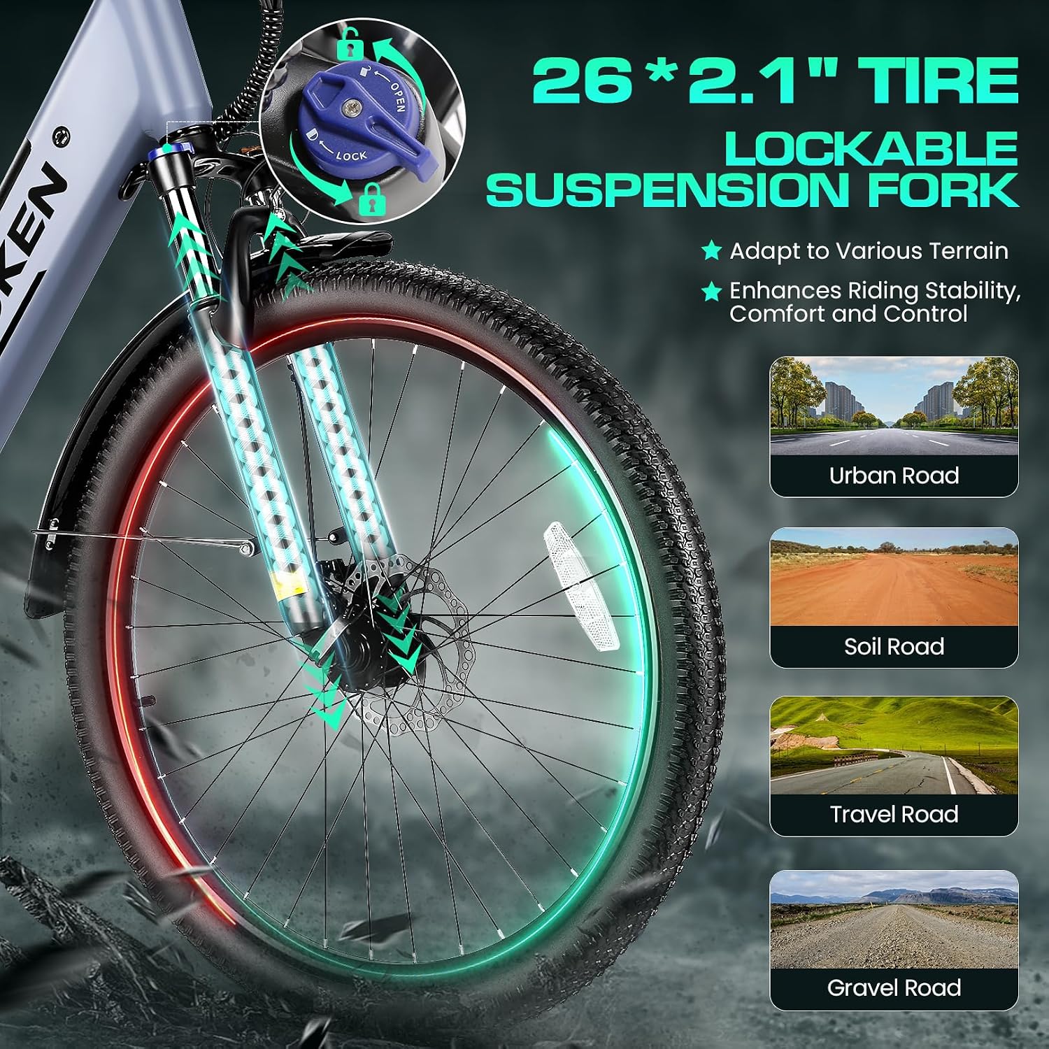 Wooken Electric Bike for Adults, 1000W Peak Ebike, 26' x 2.1' Tire Step Through Electric Bike, City Cruiser Ebike with 48V 10.4/15Ah Removable Battery, 7 Speed, SGS Certified to UL2849