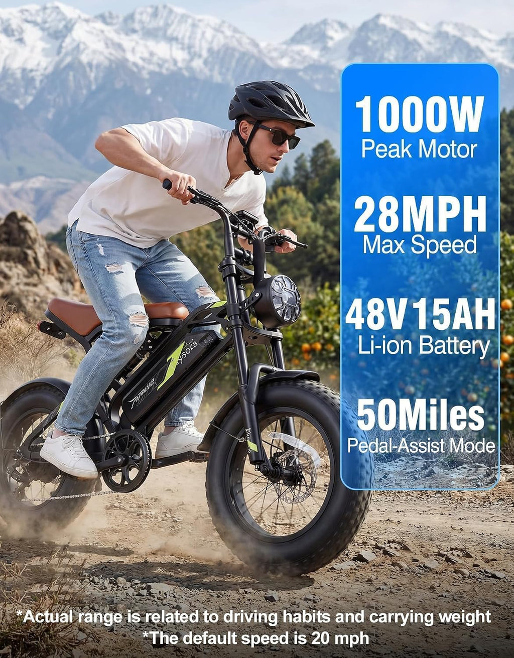 1000W Electric Bike for Adults,48V 15.6Ah Removable Battery,28MPH Top Speed,24-50 Mile Range,16'x4' Fat Tire,Double Shock Absorber,Dual Disc Brakes,High Carbon Steel Frame,UL Certified
