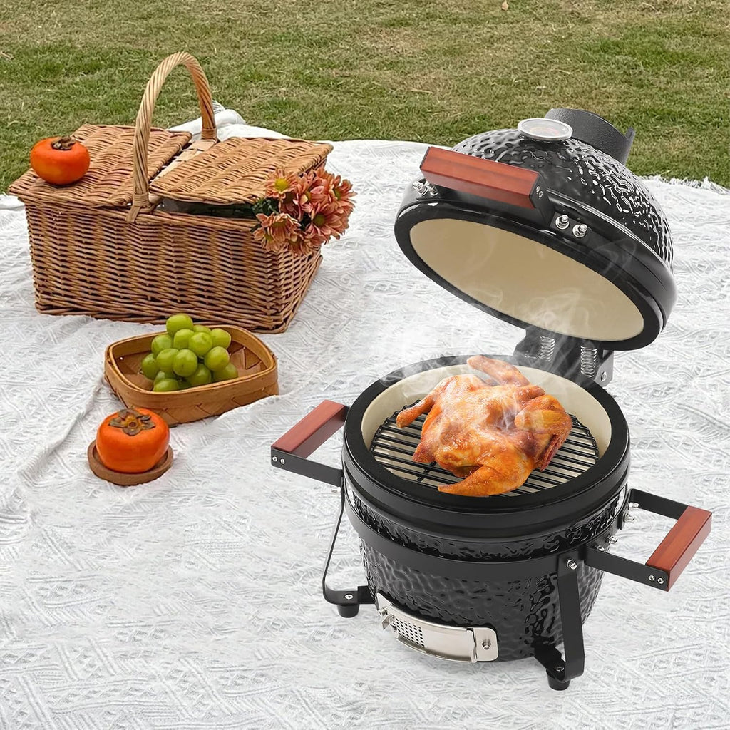 13' Ceramic Charcoal BBQ Grill, High-Temperature Insulated Dome, 12.6' Cooking Tray Outdoor Barbecue Cooker, Portable Freestanding for Restaurant, Camping, Family Gatherings