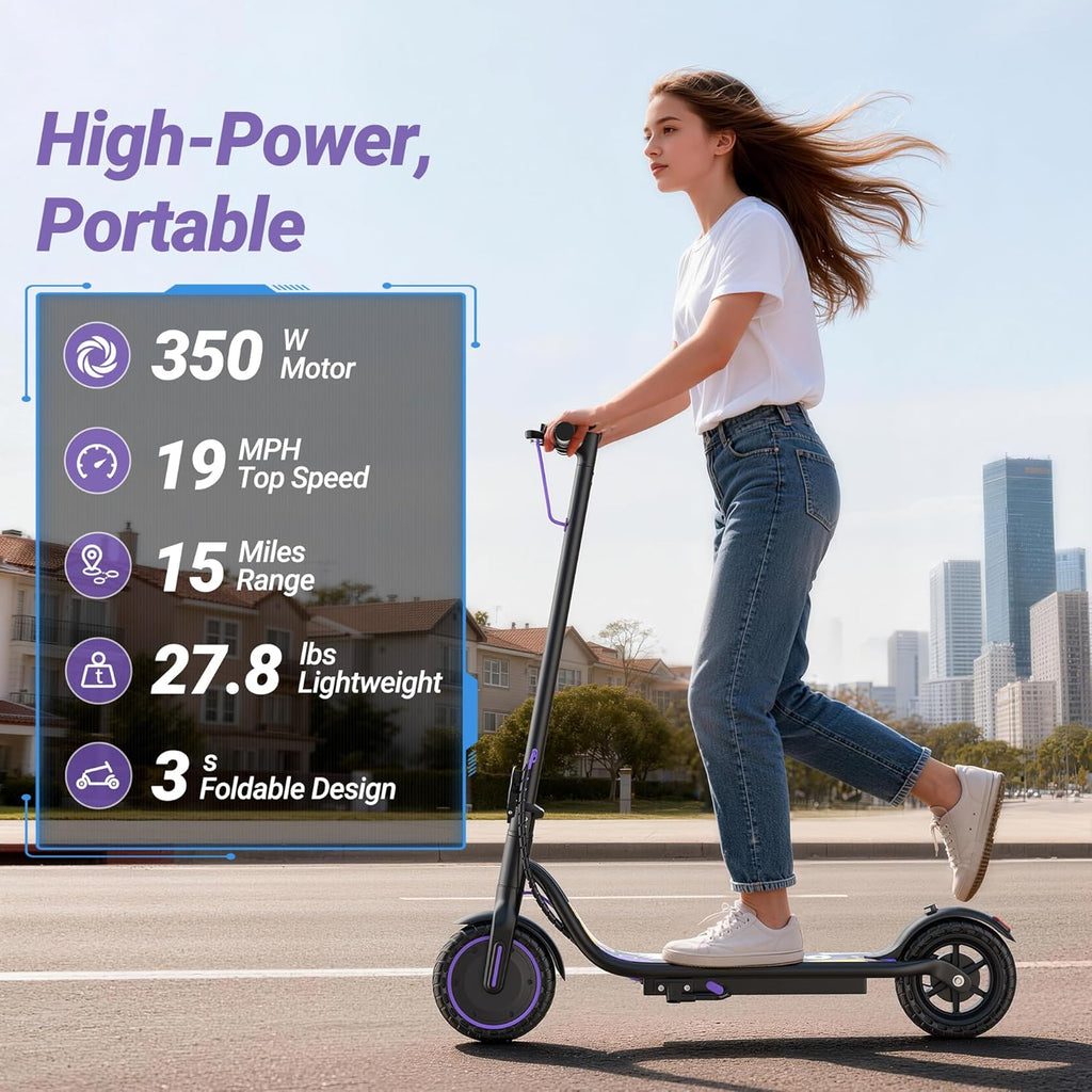 Electric Scooter, 350W-500W Motor, 19 MPH to 22MPH, 15-41 Miles Range, Dual Suspension, Dual Braking, App Control, Foldable Commuter E Scooter for Adults and Teens