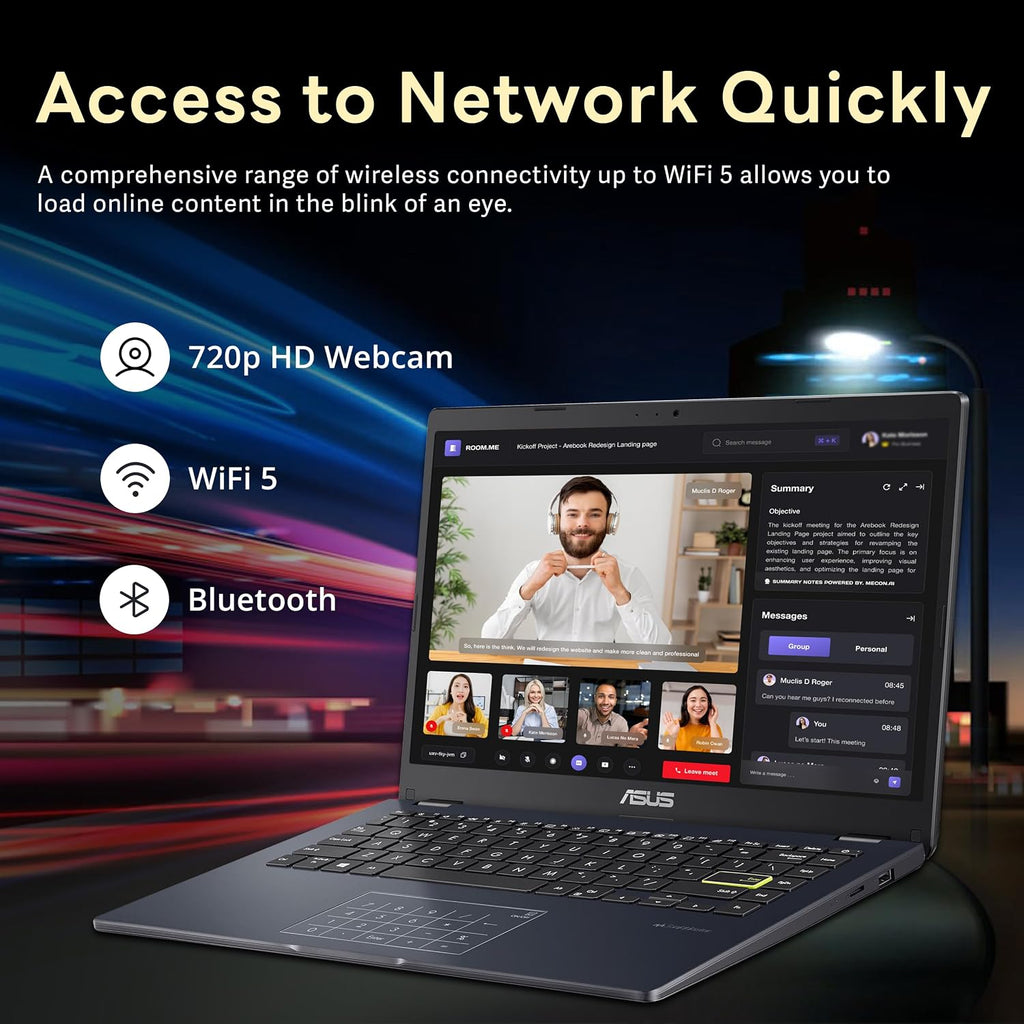 ASUS 14' FHD Laptop, Intel Pentium N6000 Processor, 4GB RAM, 224GB Storage(64GB eMMC+160GB Docking Station Set), Intel UHD Graphics, Webcam, Bluetooth, Win 11, Star Black