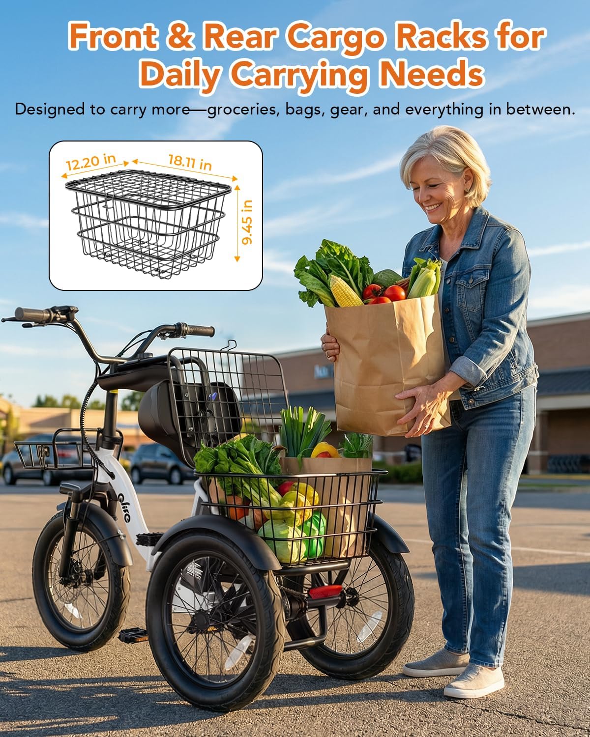 Qlife Triker Electric Bike, 1200W Brushless Motor Folding Trike Ebike, 48V10.4AH Removable Battery, 3 Wheel Electric Bicycle, 18 Tire Tricycle for Adults