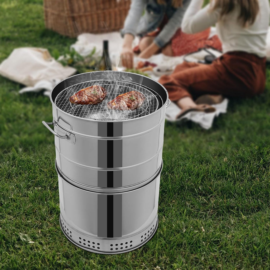 Portable Charcoal Grills, Stainless Steel 50 Skewer BBQ Drumstick Holder, 16' x 26' Cylinder, Freestanding Outdoor Barbecue Smoker, Oil Separation Design, for Camping, Parties, Patio