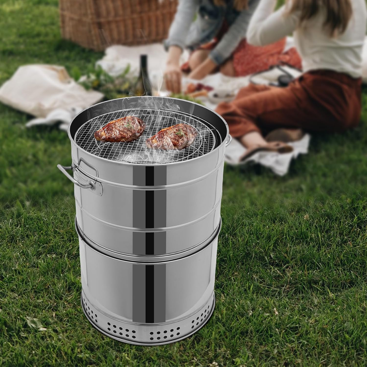 Portable Charcoal Grills, Stainless Steel 50 Skewer BBQ Drumstick Holder, 16' x 26' Cylinder, Freestanding Outdoor Barbecue Smoker, Oil Separation Design, for Camping, Parties, Patio