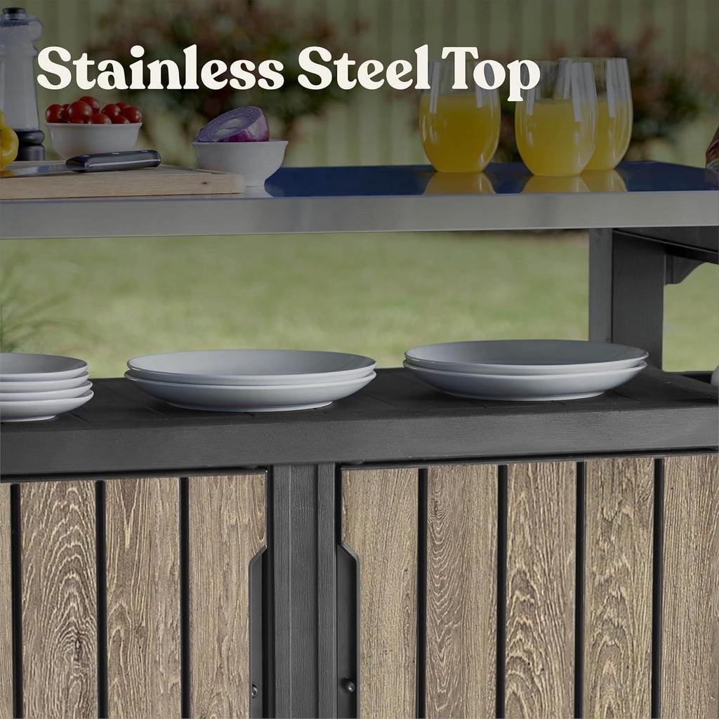 Keter Unity XL Outdoor Entertainment Cart with Wood‑Look Finish, 78‑Gallon Patio Storage Cabinet, Food Prep Station, Stainless‑Steel Top for BBQ, Grill, Patio, Deck & Backyard, Ashwood