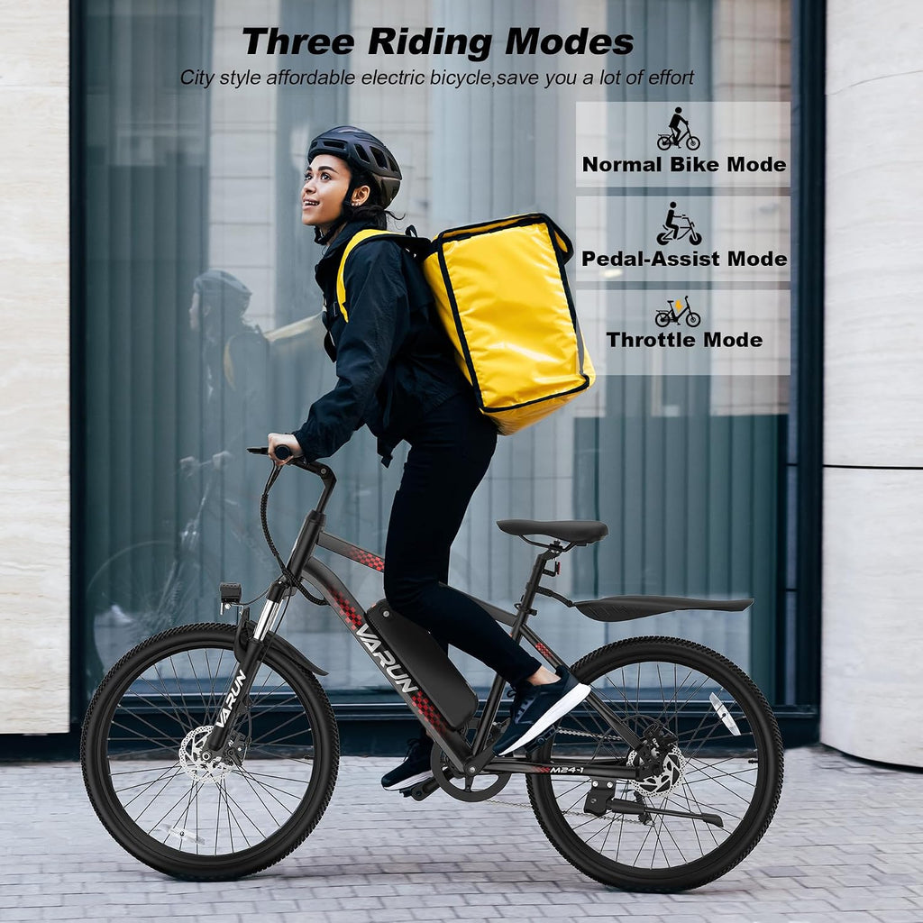 VARUN Electric Bike - 500W Peak Motor, 24/26' All-Terrain E-Bike, Up to 40 Miles & 20 MPH, Removable Battery, 7-Speed, Front Suspension, Dual Disc Brakes, with Free Accessory Pack