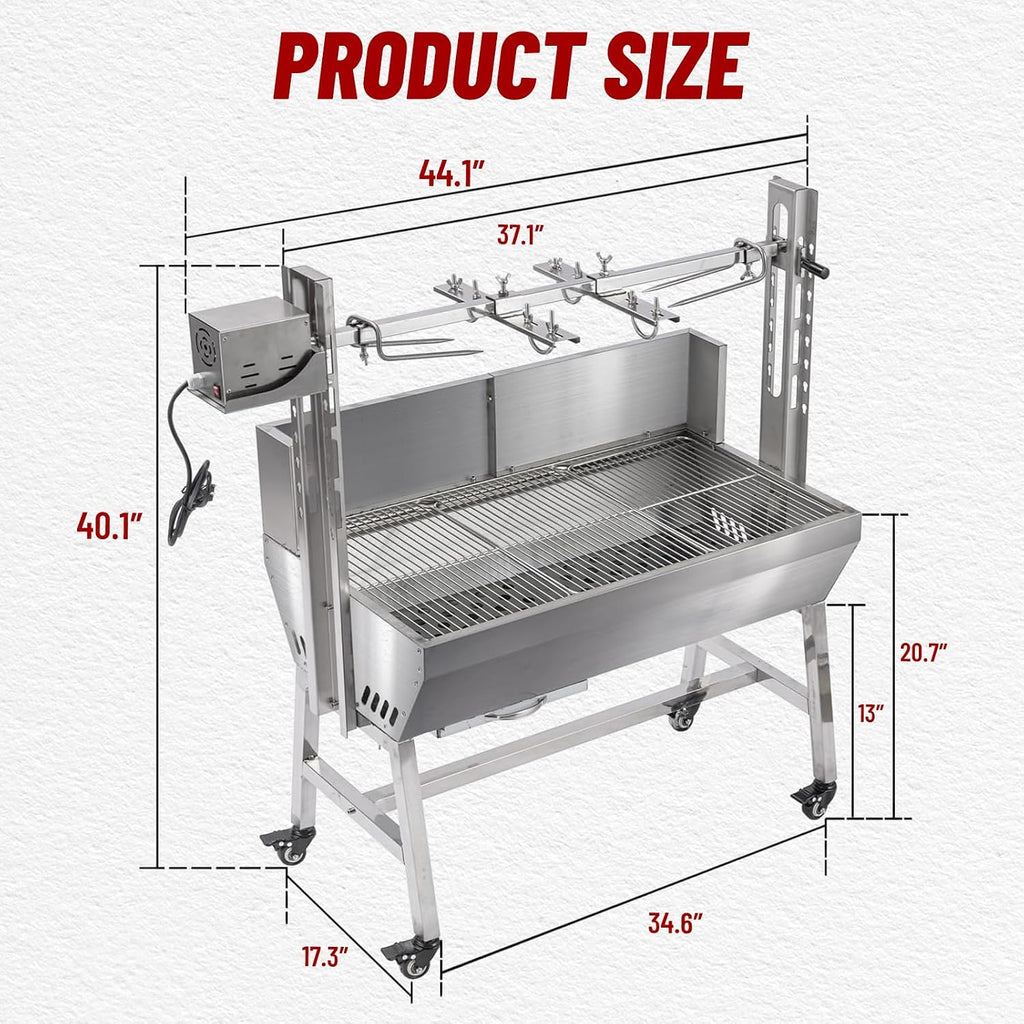 37' Electric Rotisserie Grill, Pig Lamb Spit Roaster Stand Rotisserie 132 Lbs Capacity With Adjustable Height, BBQ Charcoal Rotisserie Grill Kit Stainless Steel For Outdoor Party Camping
