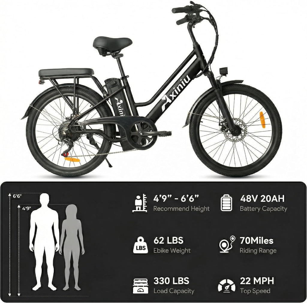 24 Inch Electric Bike for Adults, Step Through Ebike for Women, Peak 1000W Motor 22MPH, 48V 20AH Removable Battery Up to 70 Miles, 7 Speed Dual Shock Absorber, City Cruiser Commuter Bicycle