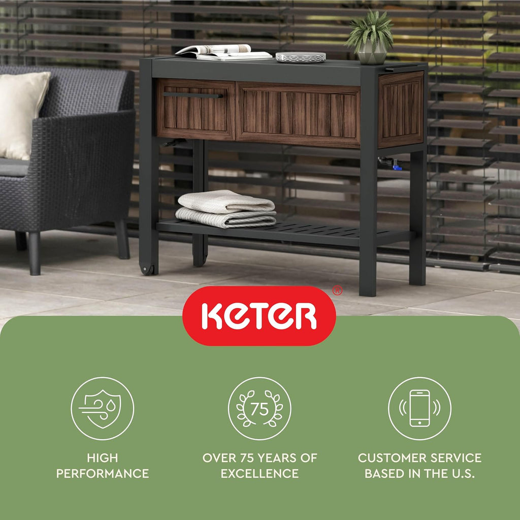 Keter Extendable Outdoor Bar Cart with Hidden Cooler, Storage Drawers & Prep Surface – Mobile Patio Serving Station with Drainage Kit & Hidden Wheels for Backyard, Garden & Poolside Entertaining