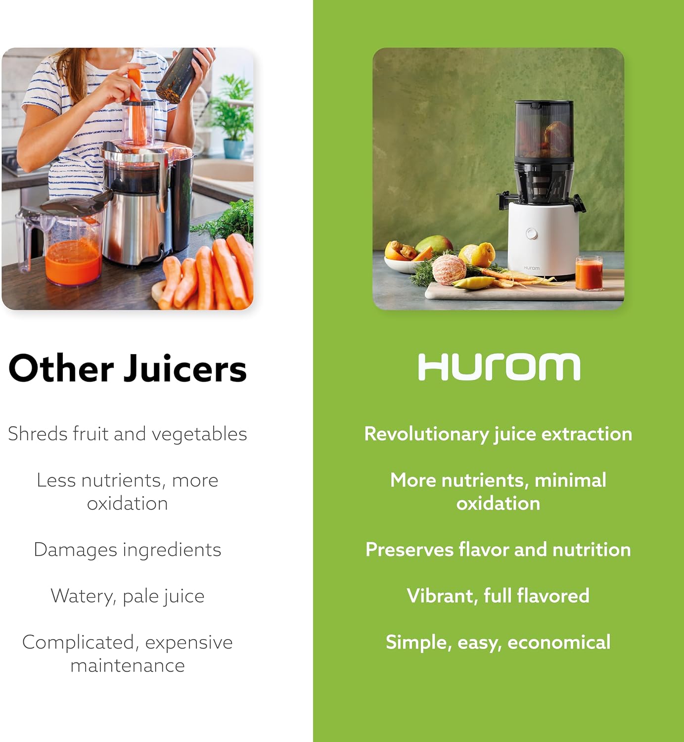 Hurom H320N Cold Press Juicer Machine, Easy to Clean Masticating Slow Juicer, Coarse Strainers, Self-Feeding, Hands Free, Family Size, Quiet Motor, Easy Assembly (White)