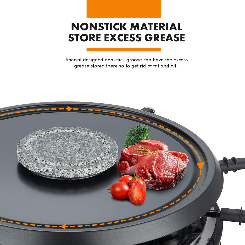 GIVENEU 2-in-1 Electric Fondue Pot Set & Raclette Grill Combo (8 Person), 1500W Indoor Tabletop BBQ with 600ml Stainless Steel Cheese/Chocolate Melting Pot, Dual Thermostats for Holiday Family Parties