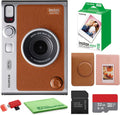 FUJIFILM INSTAX MINI EVO Hybrid Instant Camera (Brown) Bundle with Fuji Instax-Mini-Instant Film Value Pack (20 Sheets) + 32GB Memory Card + Carrying Case + Photo Album 64 Pockets + Cleaning Cloth