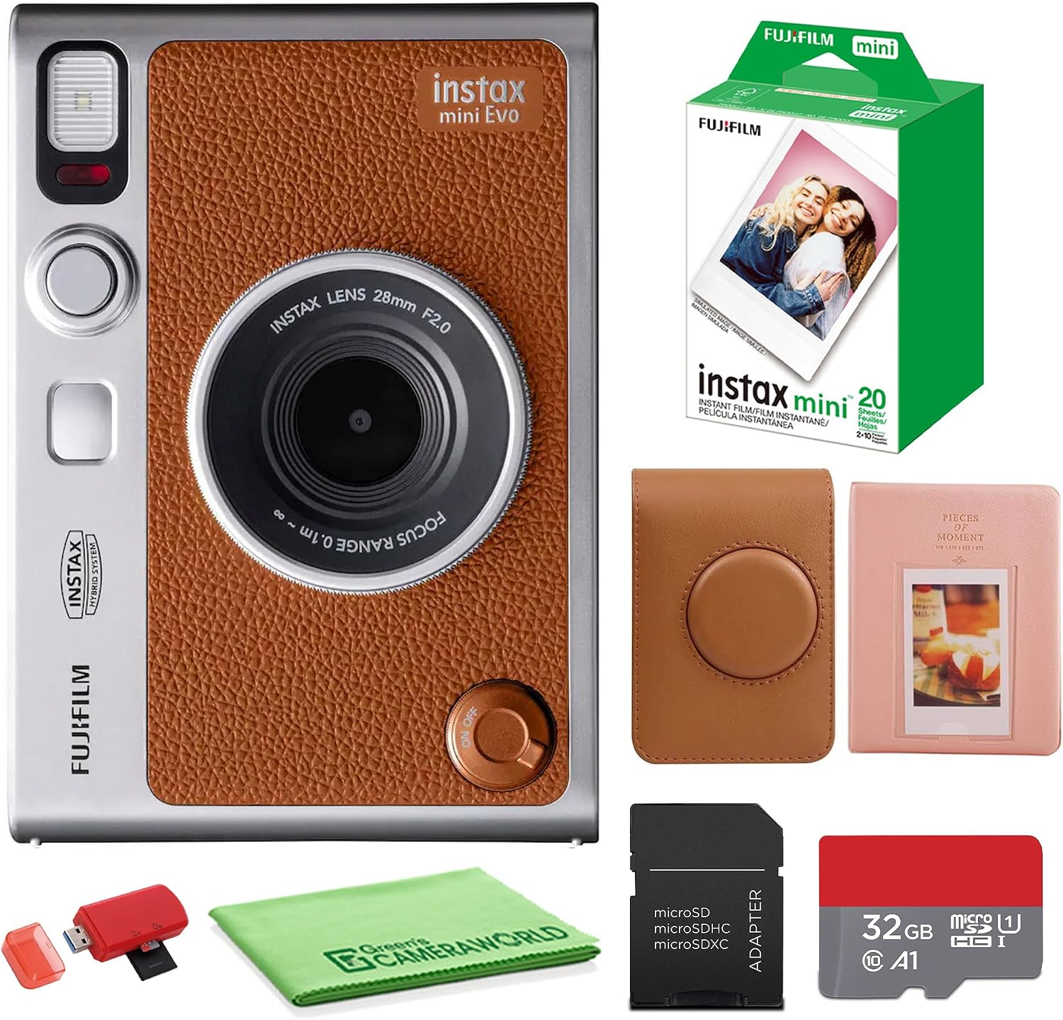 FUJIFILM INSTAX MINI EVO Hybrid Instant Camera (Brown) Bundle with Fuji Instax-Mini-Instant Film Value Pack (20 Sheets) + 32GB Memory Card + Carrying Case + Photo Album 64 Pockets + Cleaning Cloth