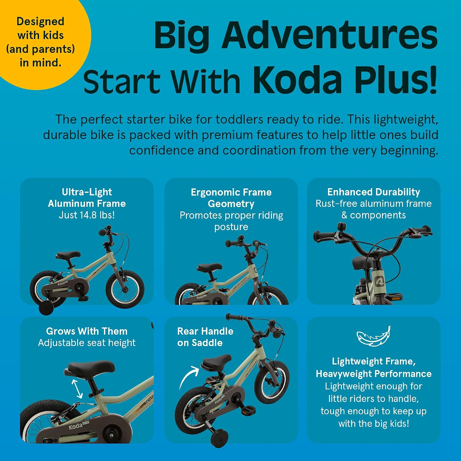Retrospec Koda Plus Kids Bike for Boys & Girls Ages 2-3 Years - Children's Bicycle, Adjustable Seat & Handlebars, Removable Training Wheels, Front Hand Brakes, Rear Coaster Brake & Safety Bell