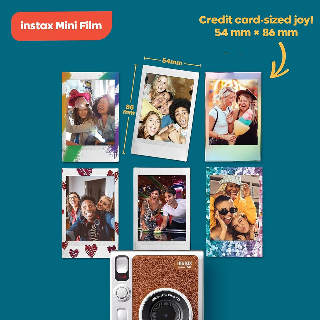 Fujifilm Instax Mini EVO Hybrid Instant Camera (Brown) Bundle with Instax-Mini Twin Pack Instant-Film 20 Sheets + 32GB Memory Card + Vintage Brown Mini-Evo Camera Case + Cleaning Cloth