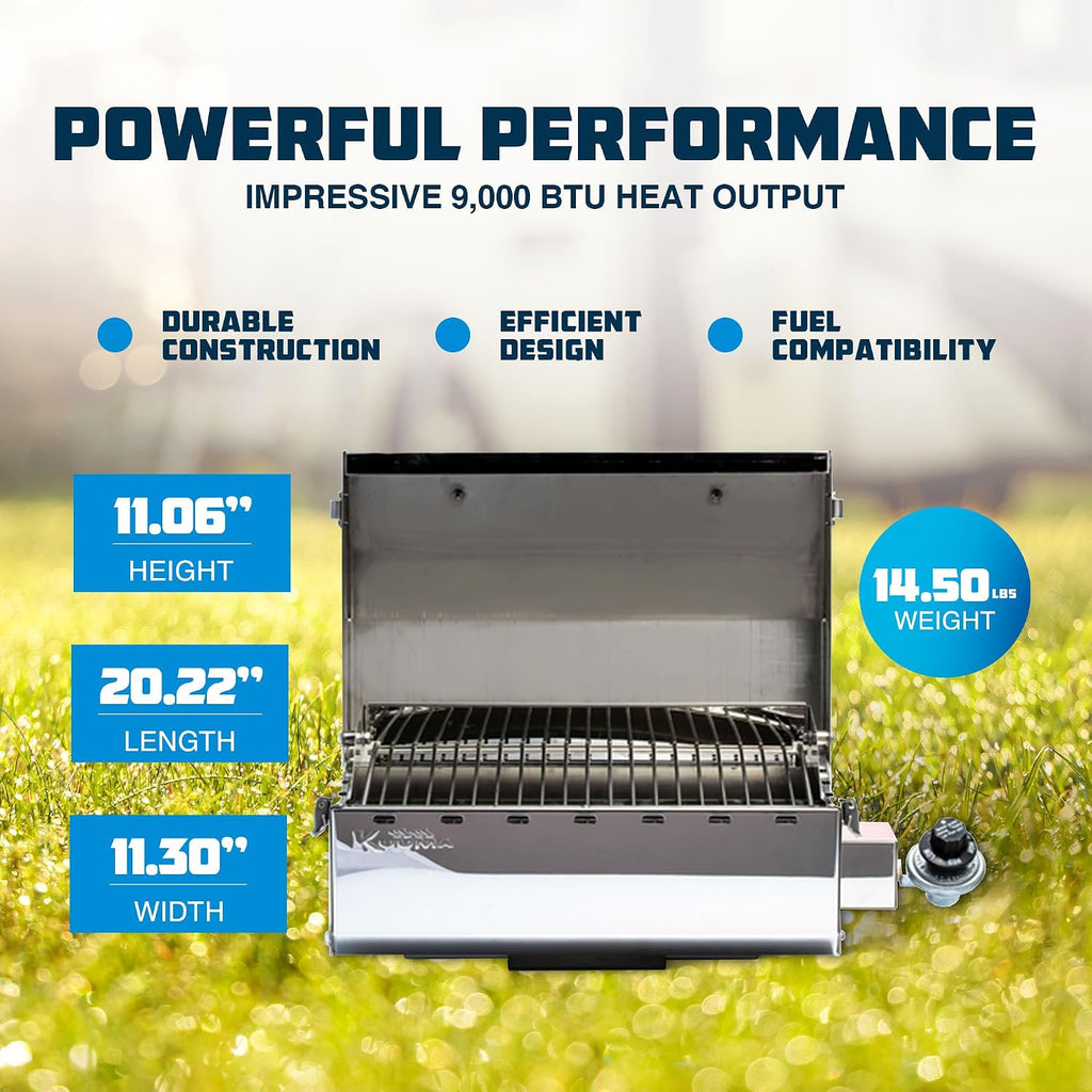 Camco Kuuma Premium Stainless Steel Mountable Gas Grill w/Regulator -Compact Portable Size Perfect for Boats, Tailgating and More - Stow N Go 125' (58140)