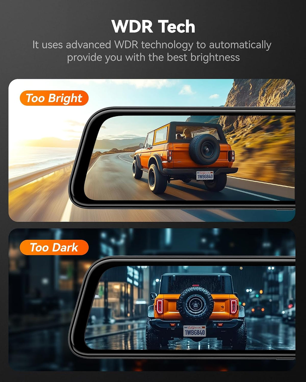 WOLFBOX G840S 12' 4K Mirror Dash Cam Backup Camera, 5.8GHz WiFi Smart Rearview Mirror for Cars & Trucks, Front and Rear View Dual Cameras, Night Vision, Parking Assistance, Included 32GB Card & GPS