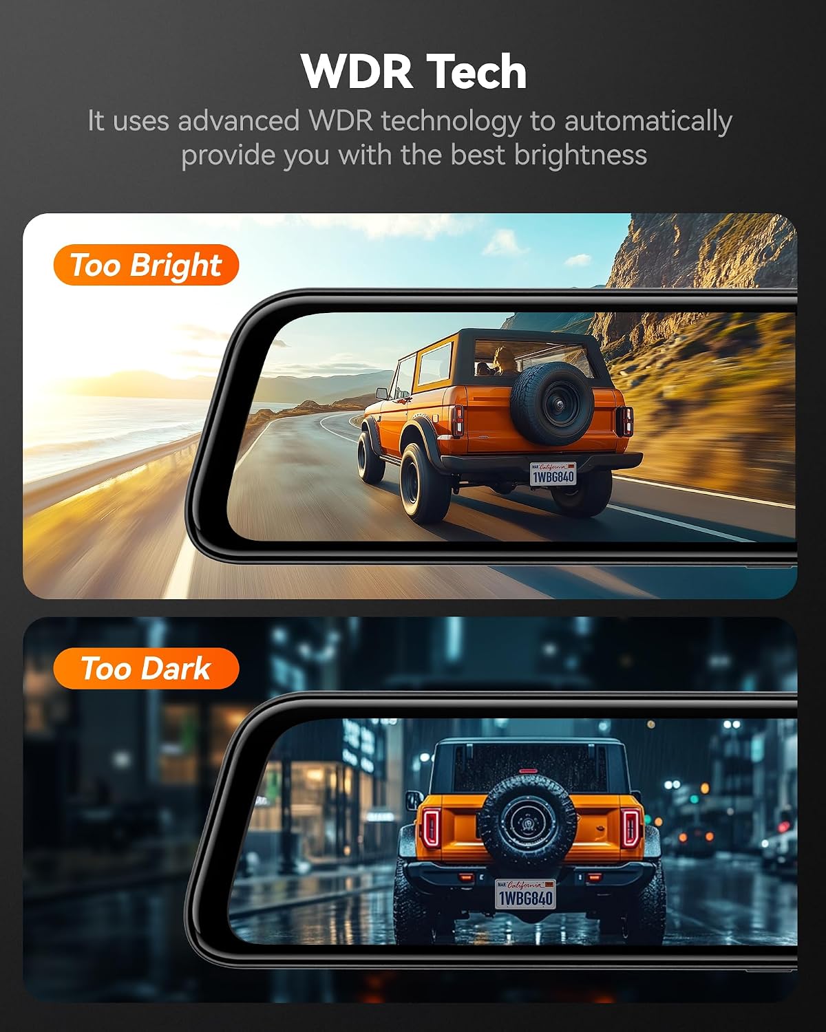 WOLFBOX G840S 12' 4K Mirror Dash Cam Backup Camera, 5.8GHz WiFi Smart Rearview Mirror for Cars & Trucks, Front and Rear View Dual Cameras, Night Vision, Parking Assistance, Included 32GB Card & GPS