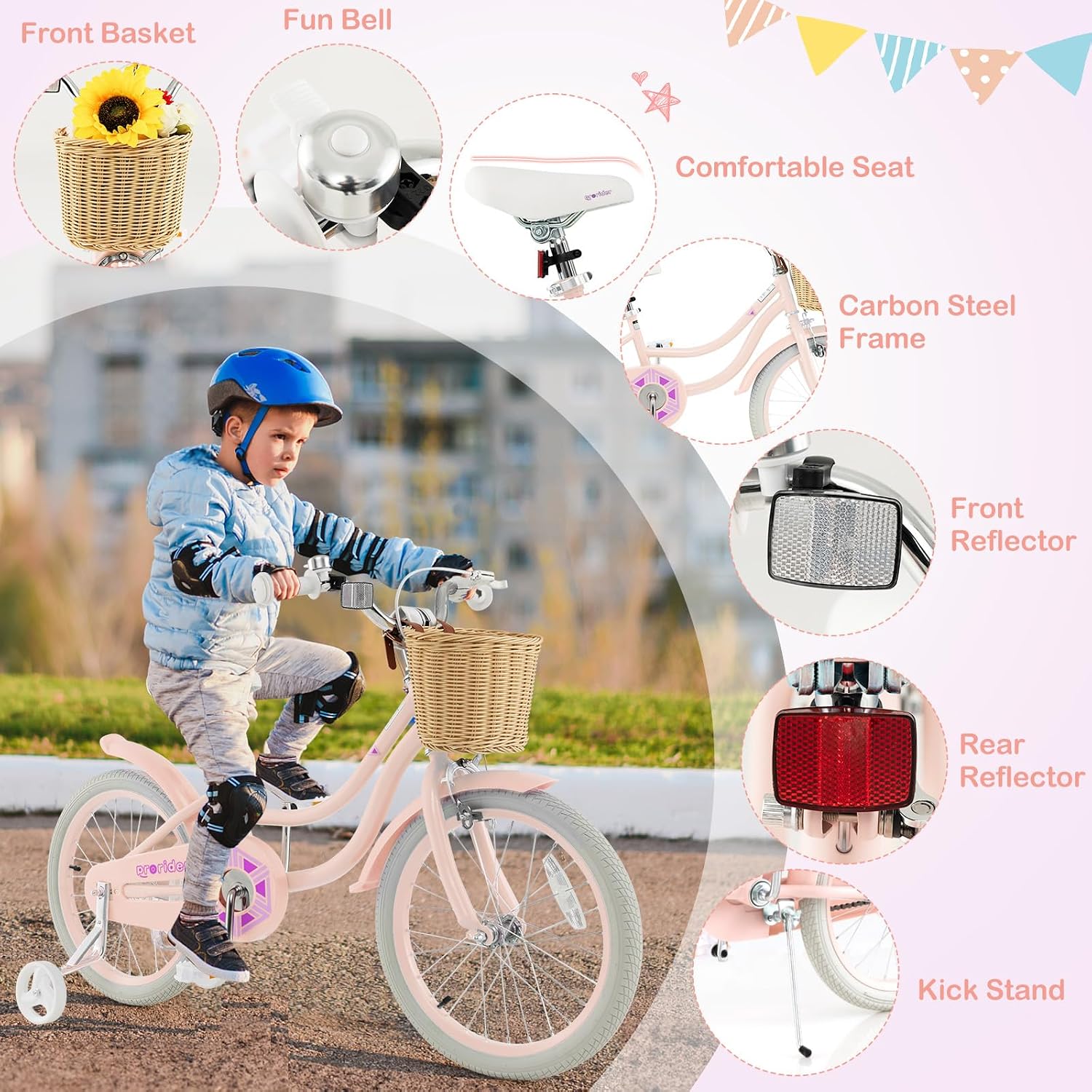 BABY JOY Kids Bike, 14 16 18 Inch Retro Kids Bicycles for 3-8 Years Old Children with Training Wheels, Adjustable Height, Rattan Basket, Handbrake & Coaster Brake, Boys Girls Bike (Pink, Green, Blue)