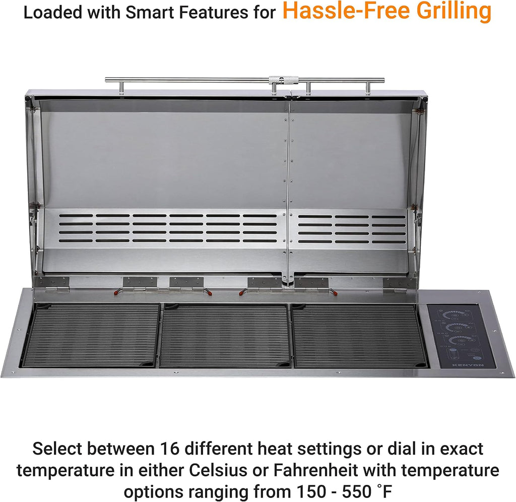 Kenyon The Big American Grill, Electric Grill With 3 Burners And 2 Piece Lid, Stainless Steel Body, Rust-Proof Grill With IntelliKEN Touch Control, UL-Approved For Indoor And Outdoor Use, 240V