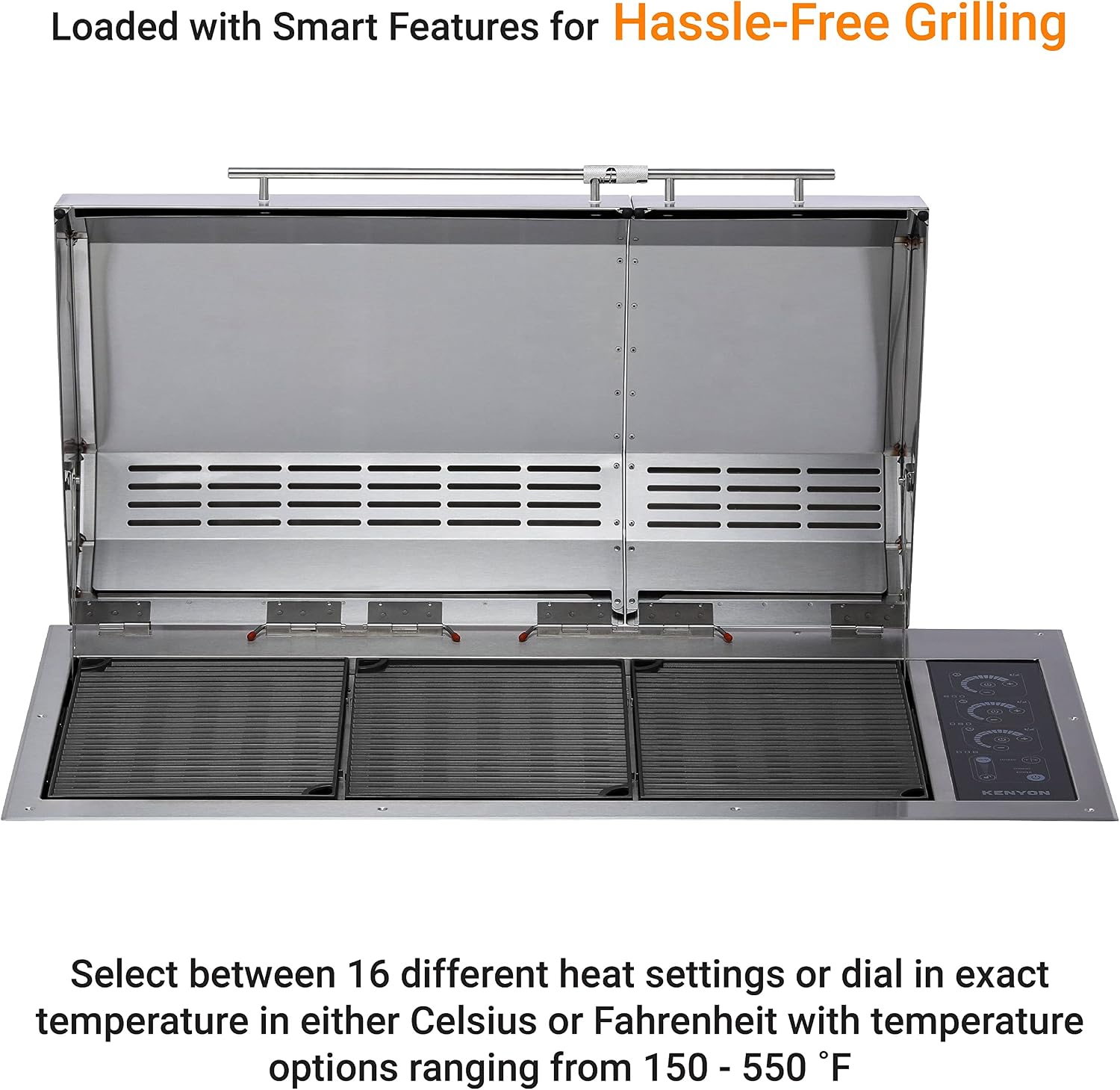 Kenyon The Big American Grill, Electric Grill With 3 Burners And 2 Piece Lid, Stainless Steel Body, Rust-Proof Grill With IntelliKEN Touch Control, UL-Approved For Indoor And Outdoor Use, 240V