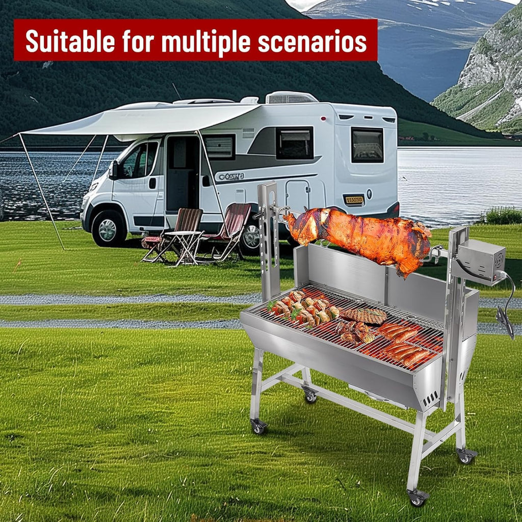 Rotisserie Grill With Wind Screen, Stainless Steel Charcoal Spit, Electric Pig Rotisserie Machine, 132LBS/60KG BBQ Grill for Pig Roasting, Camping & Backyard Use