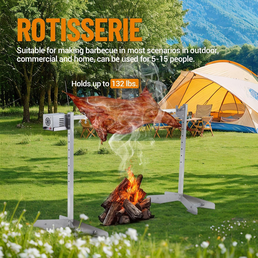Stainless Steel Electric Rotisserie Grill Kit, 46in 132LB Capacity BBQ Pig Lamb Rotisserie Roaster with 50W Motor, Height Adjustable Charcoal Spit Roaster Stand for Outdoor Kitchen, Camping