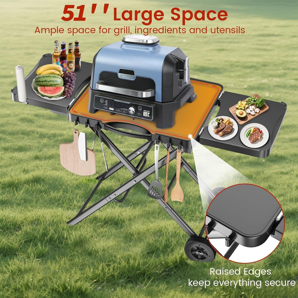 Hisencn Portable Grill Table Stand for Ninja Woodfire Outdoor Grill OG701 OG901 OG850 OG951, Pizza Oven Table Stand for Onni 12, Folding Camping Grill Table Cart for Blackstone 17'/22', with 2 Wheels