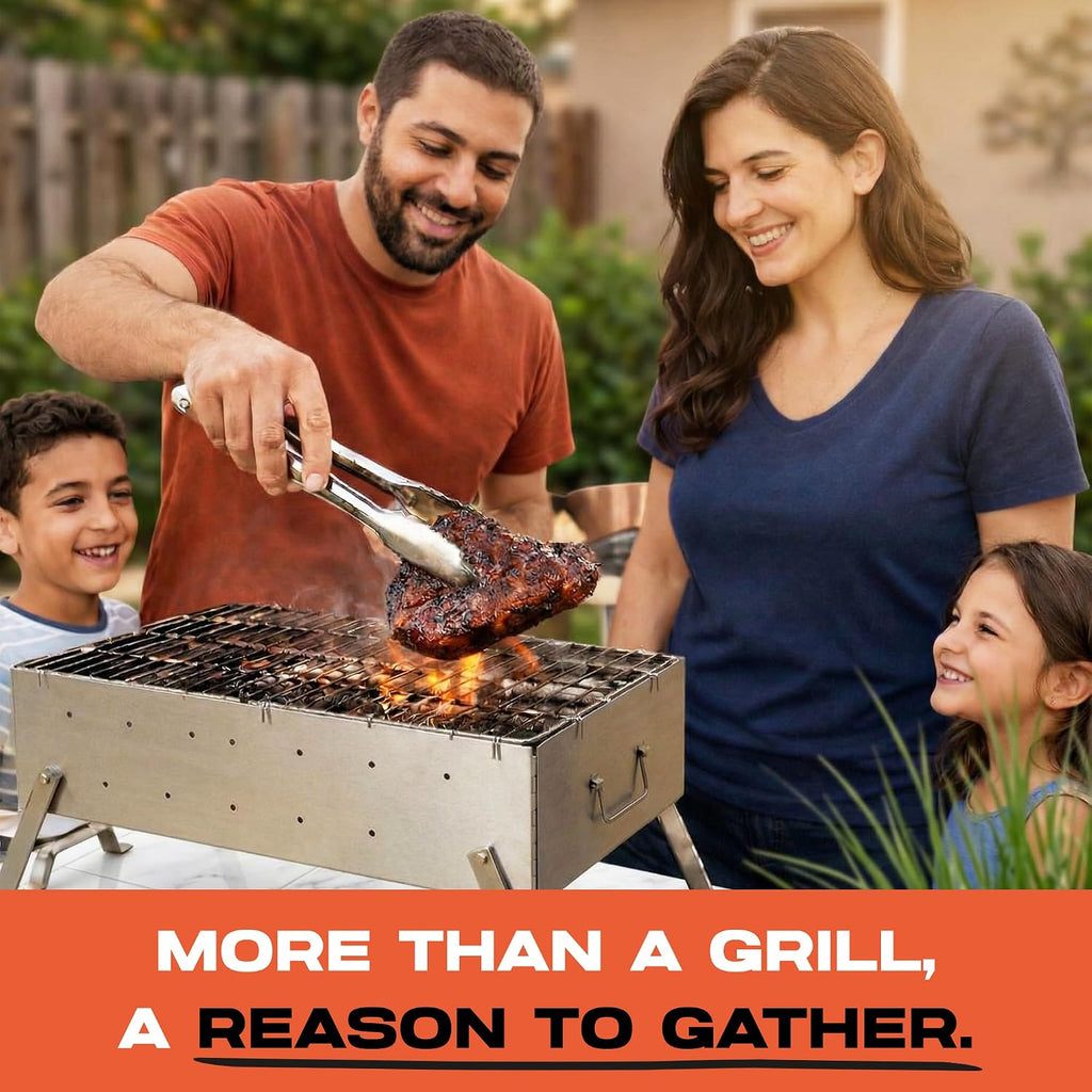 TSG Portable Stainless Steel Mangal Charcoal Grill For Shish Kebab, Steaks, Burgers | 20X12Inch| Includes 6 Skewers, 2 Tongs & Carry Bag | Foldable & Rustproof for Outdoor Cooking | Serves 8-12 People