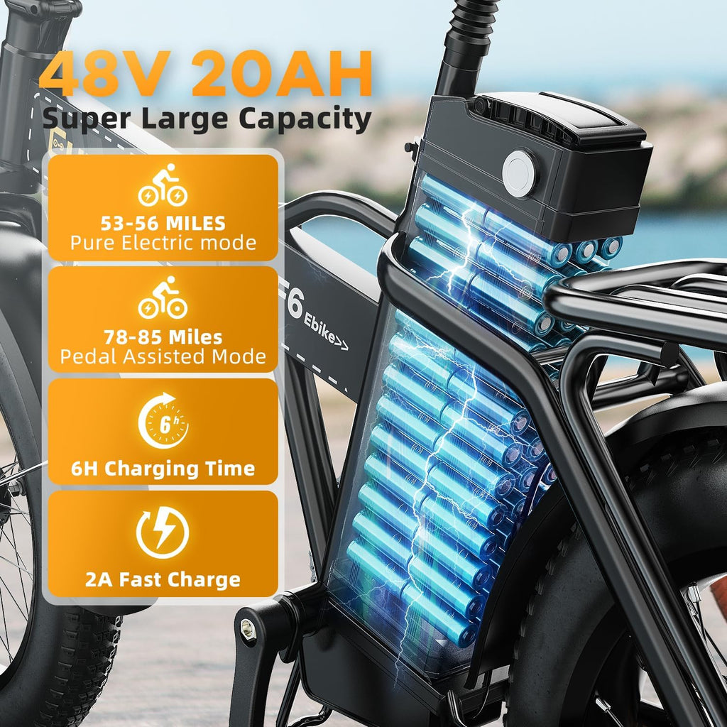 bluebiko 1000W Folding Electric Bike, 48V 20AH Large Removable Battery E Bike, 80 Miles Max Range, 20' Fat Tire Electric Bike for Adults, Adult Electric Bicycles for Commute Beach Snow