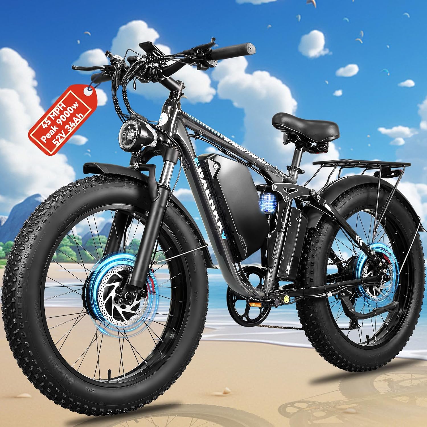 9000W Dual Motor Ebike,24' Fat Tire Electric Bike for Adults, 45MPH Fast 52V 34Ah Long Range, Dual Hydraulic Brakes Full Suspension, Snow/Mountain/Off-Road/Commute E-Bike