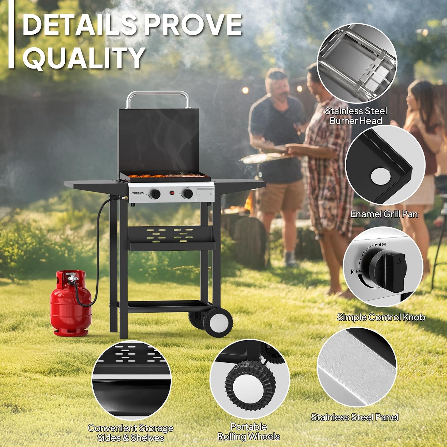 ROVSUN 2 Burner Portable Propane Griddle with Electronic Ignition, 20000 BTU Rolling Flat Top Gas Grill with Enameled Tray & Lid, Side Shelves & Regulator for Outdoor Cooking Camping BBQ Tailgating