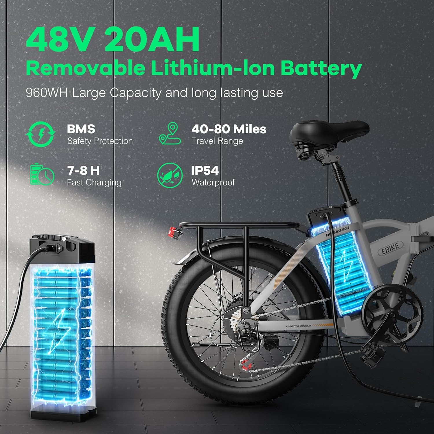 Foldable Electric Bike for Adults, 48V 20Ah Removable Lithium Battery up to 80Miles, 20' Fat Tire 1000W Peak Motor Dirt Ebike Adult Electric Bicycle for Commute Beach Mountain E Bike