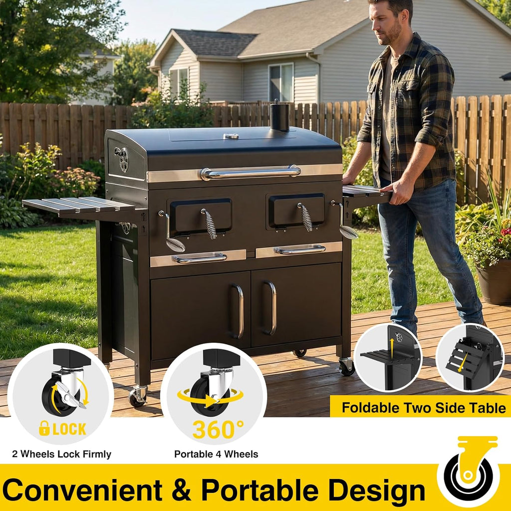 Bestfire 63' Oversized Charcoal BBQ Grill & Smoker, Large Outdoor Grill with 2 Individual Lifting Charcoal Trays, Cabinet-Style Charcoal Grills with Foldable Side Tables, 4 Wheels, Asadores de Carbon