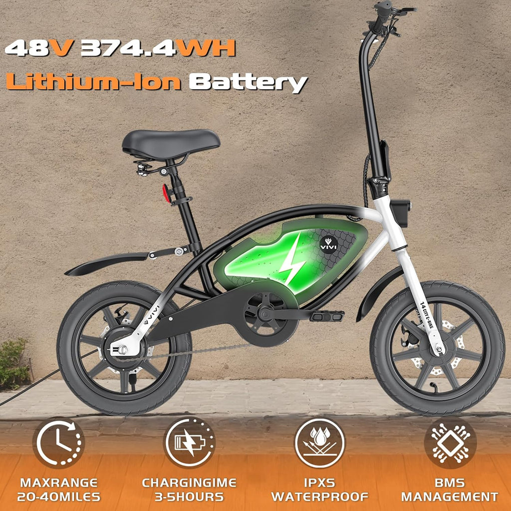 Vivi PONY01 Electric Bike, 14' Electric Bicycle for Adults and Teens Peak 500W Motor 48V 374.4WH Battery, Max 40 Miles Range(Pedal-Assist) & Top 20 Mph, Cruise Control, SGS Certified to UL2849