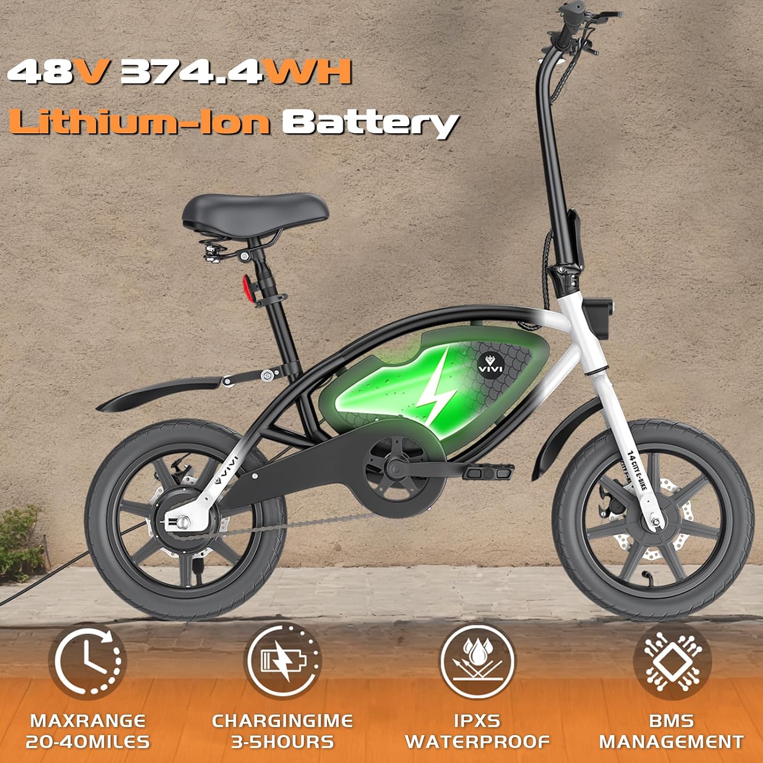 Vivi PONY01 Electric Bike, 14' Electric Bicycle for Adults and Teens Peak 500W Motor 48V 374.4WH Battery, Max 40 Miles Range(Pedal-Assist) & Top 20 Mph, Cruise Control, SGS Certified to UL2849