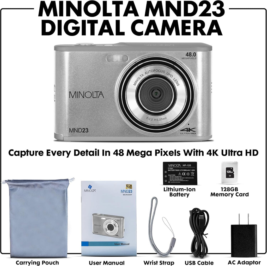 Minolta 48MP Digital Camera with Rear Selfie Lens – 4K Ultra HD Video, 2.8' LCD Screen, 16X Digital Zoom, Autofocus, Slow Motion, Time Lapse, Filters, Scene Modes, 32GB Card Included (Silver)