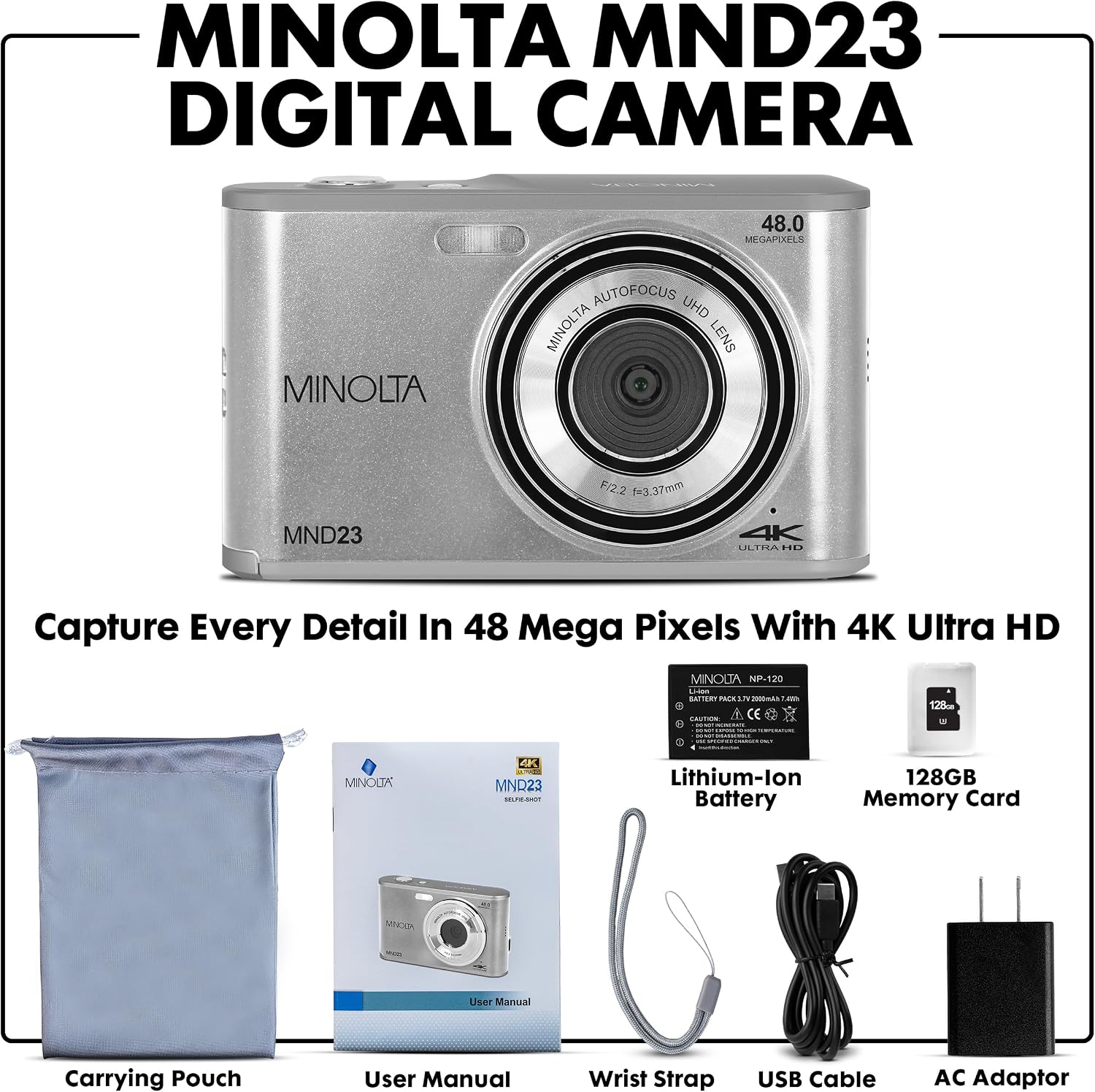 Minolta 48MP Digital Camera with Rear Selfie Lens – 4K Ultra HD Video, 2.8' LCD Screen, 16X Digital Zoom, Autofocus, Slow Motion, Time Lapse, Filters, Scene Modes, 32GB Card Included (Silver)