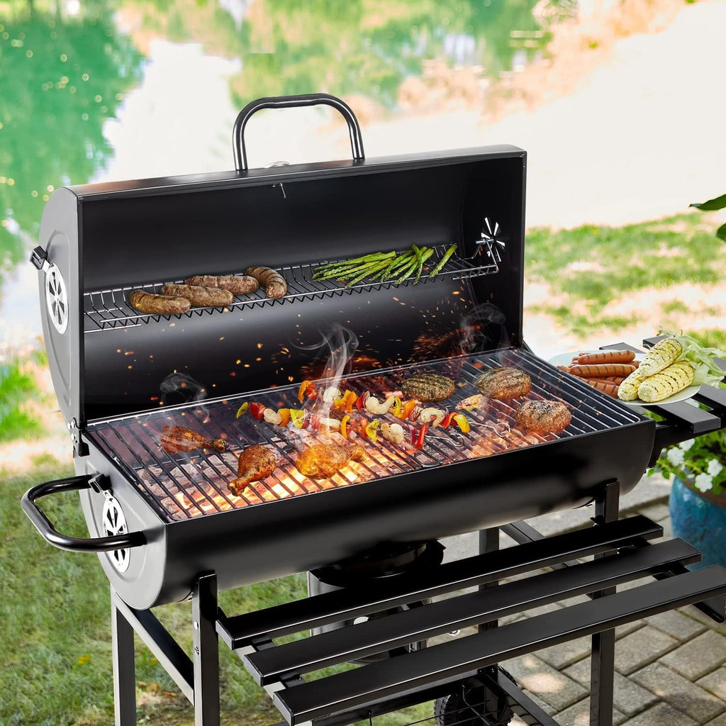 Flamaker Charcoal Grill Barrel style BBQ Charcoal Grill with Three Item Racks Thermometer Double-Layer Chrome-Plated Iron Baking Pan Ash Catcher for Camping Outdoor BBQ