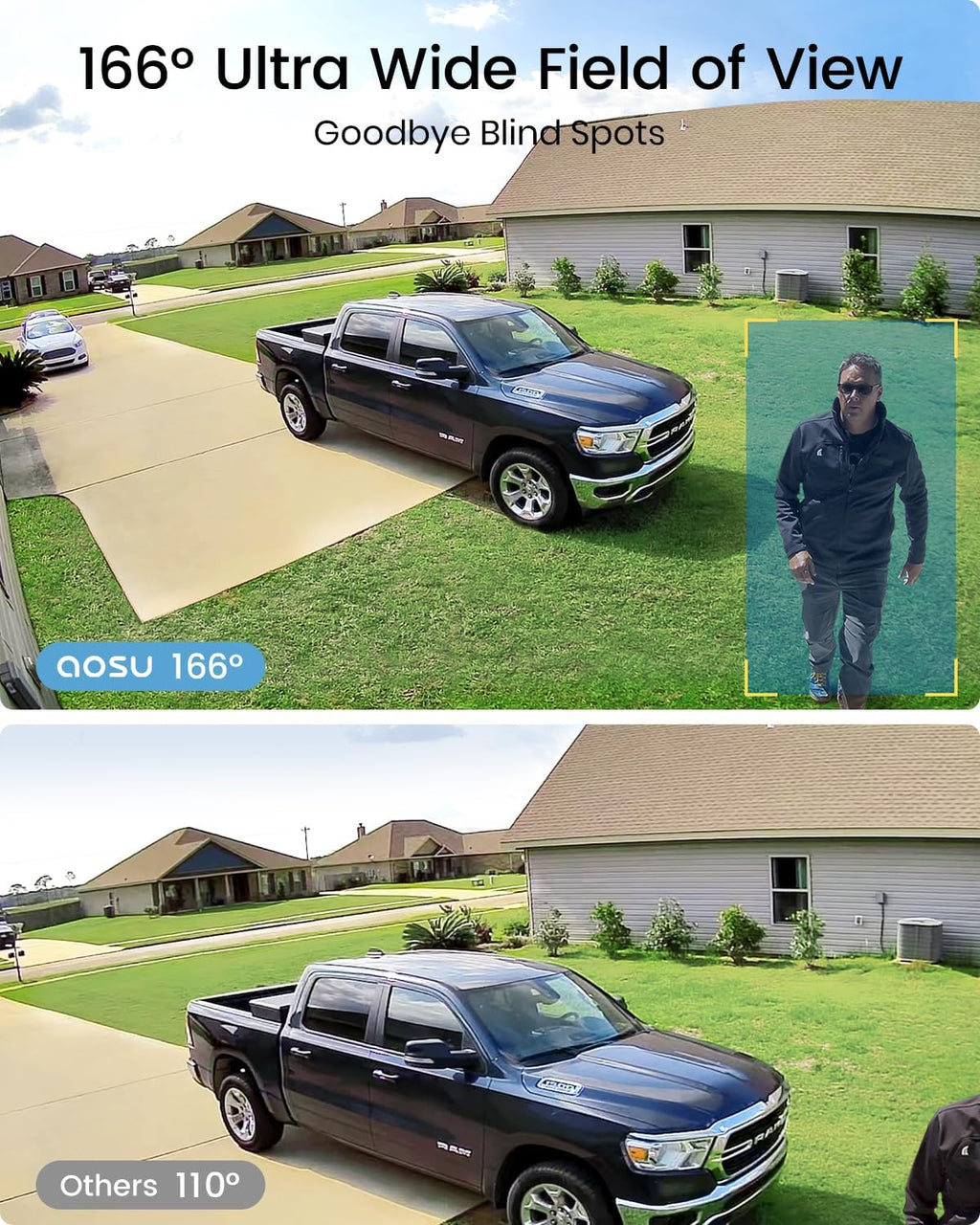 aosu 3K/5MP Security Cameras Outdoor Wireless Home Surveillance System, Solar Powered, 166° Ultra-Wide-Angle, HD Color Night Vision, Spotlight & Siren Alarm, Motion Alert, Easy Setup, 4-Cam-Kit