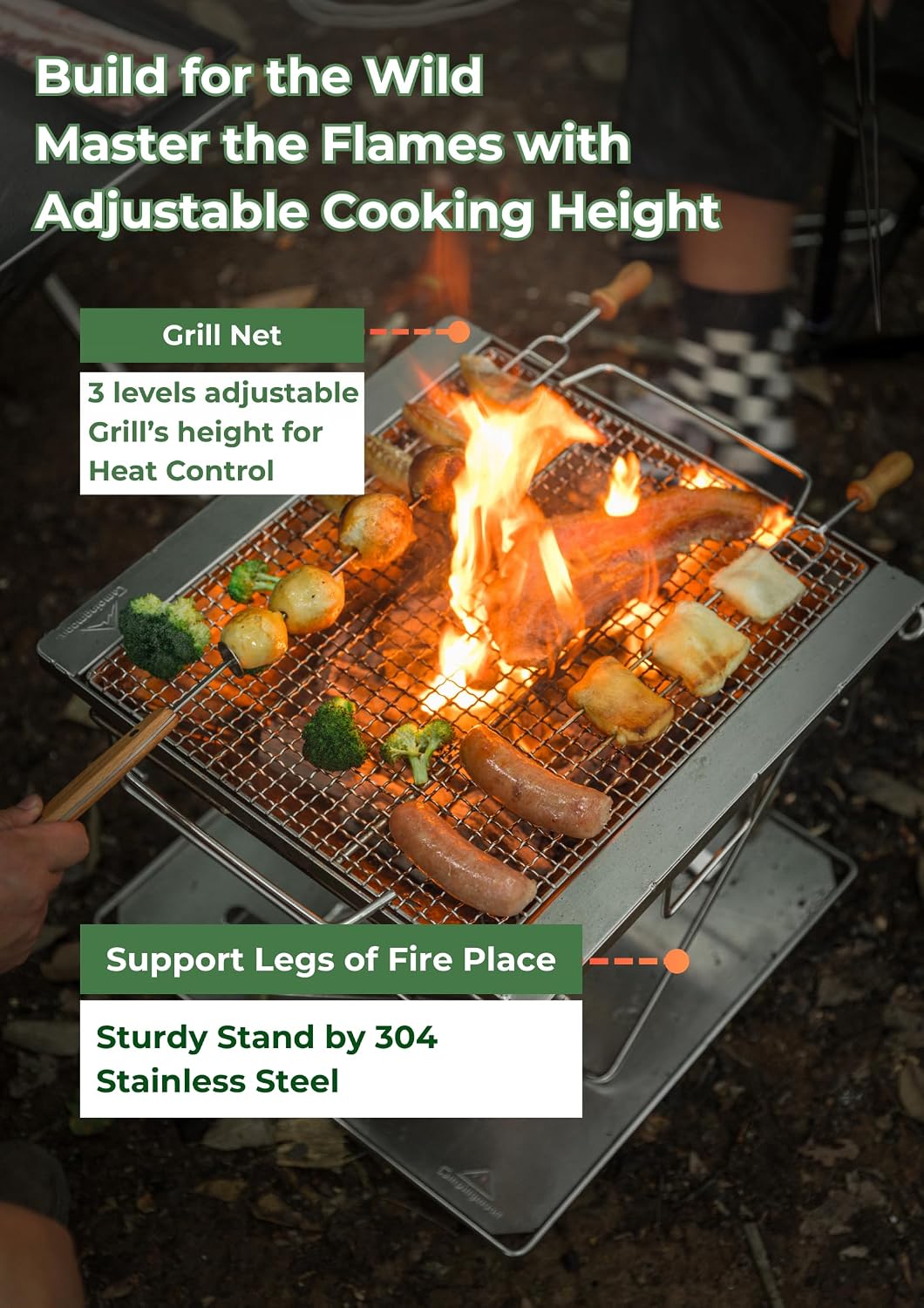 CAMPINGMOON 3 in1 Flatpack Portable Fire Pit Grill 16 inch Heavy Duty Stainless Steel Wood Burning Camping Stove Adjustable Height Backyard Outdoor Cooking RV Trips Carry Bag included MT-055